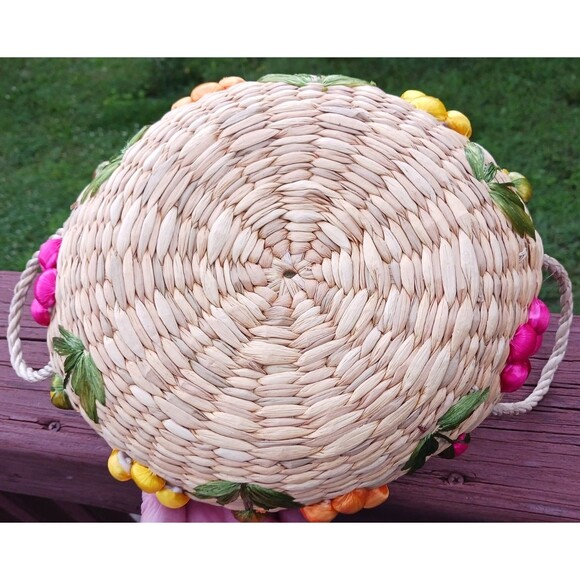 VTG Hand Woven Round Floral Basket Yellow Pink Peach Flower Handles Philippines - Picture 4 of 5